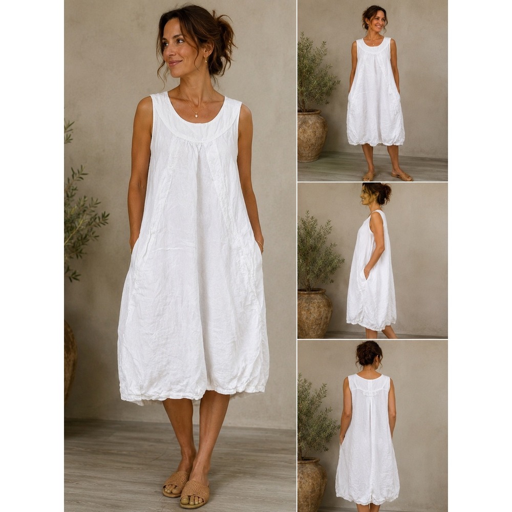 Philo Italy White Linen Lagenlook Bubble Hem Dress Size 44 Made in Italy
